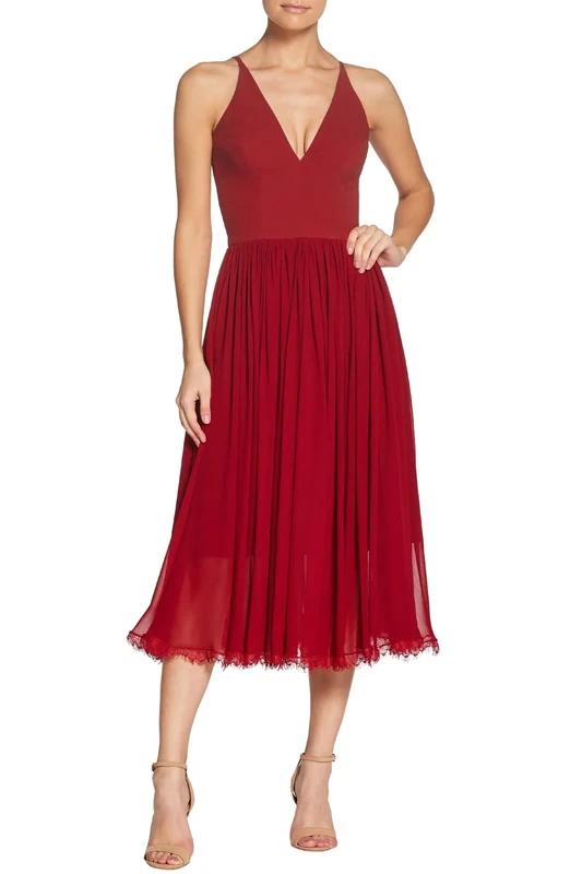 Dress the Population Women's Alicia Plunging Mix Media Sleeveless Fit and Flare Midi Dress, Garnet, S