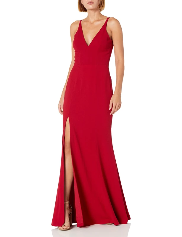 Dress the Population Women's Iris Spaghetti Strap Plunging Long Dress Bridesmaid, Garnet 17, Large