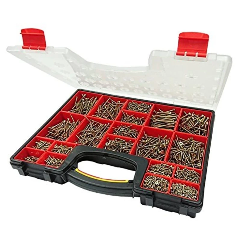 Merriway BH06612 (1400 Pcs) Assortment of BZP Pozi CSK Head Twin Thread Woodscrews in a 20 Compartment Carry Case - Pack of 1400 Pieces