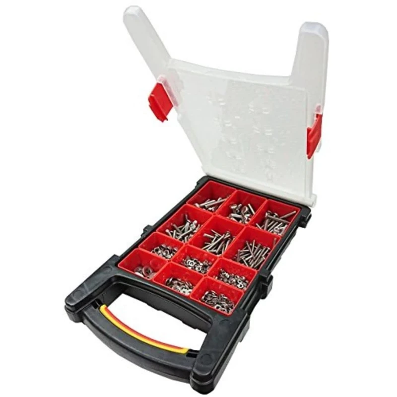 Merriway BH06616 (500 Pcs) Assortment of Stainless Steel Machine Screws, Hex Nuts & Flat Washers in a 12 Compartment Carry Case - Pack of 500 Pieces