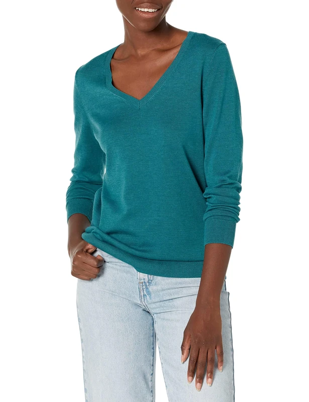 Amazon Essentials Women's Regular-Fit Lightweight V-Neck Long-Sleeve Jumper (Available in Plus Size), Teal Blue Heather, M