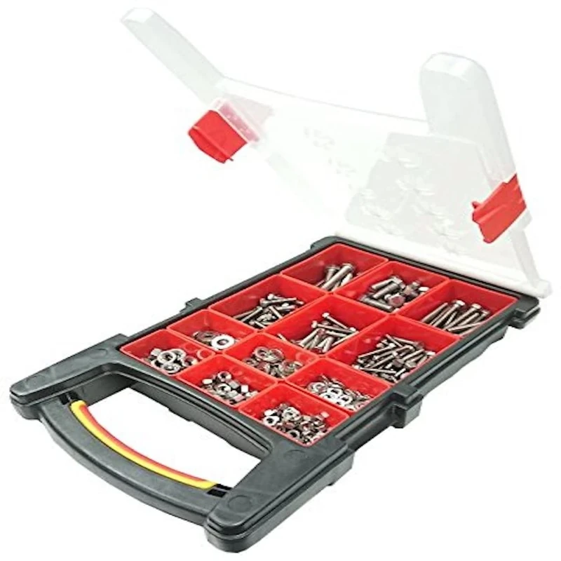 Merriway BH06615 (500 Pcs) Assortment of Stainless Steel Head Bolts, Hex Nuts & Flat Washers in a 12 Compartment Carry Case - Pack of 500 Pieces