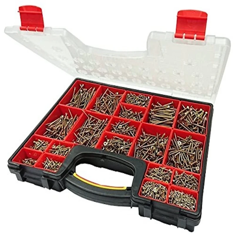 Merriway BH06613 (2800 Pcs) Assortment of BZP Pozi CSK Head Twin Thread Woodscrews in a 20 Compartment Carry Case - Pack of 2800 Pieces