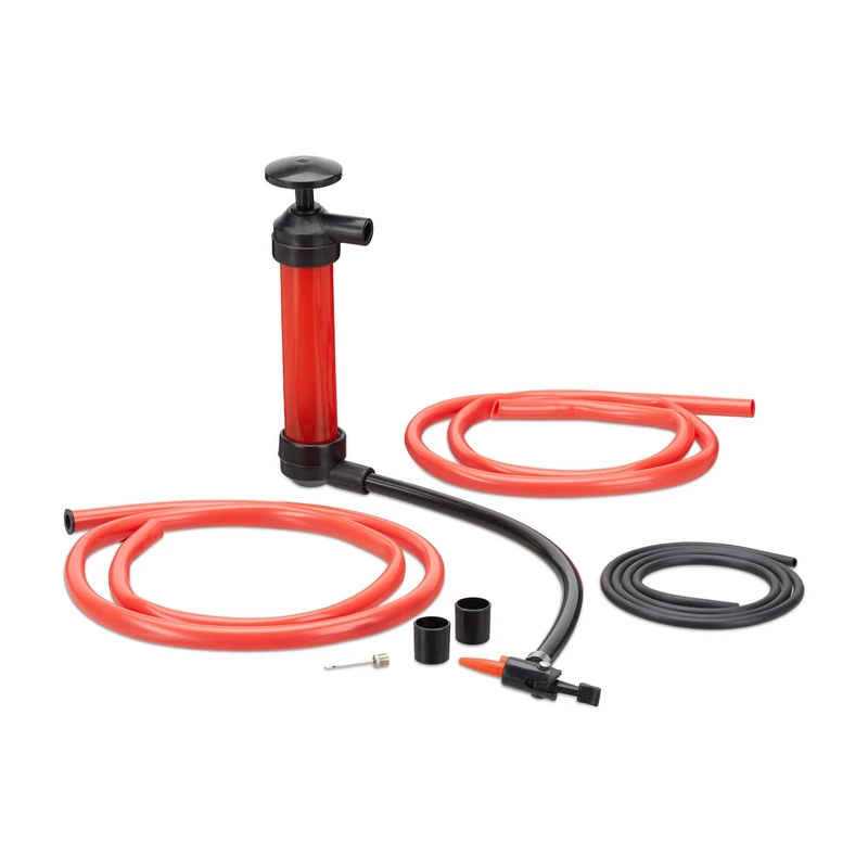 Relaxdays Oil Siphon, Manual Transfer Pump for Gasoline, Decanting Pump with 3 Tubes, Air Pump Attachments, Red - Image 1