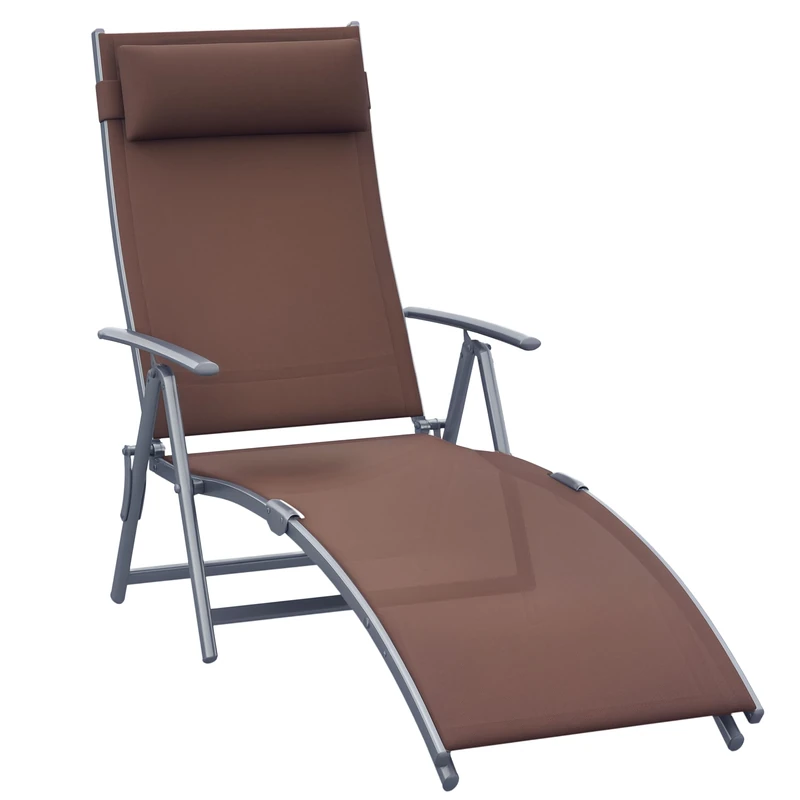 Outsunny Sun Lounger Steel Frame Outdoor Folding Chaise Texteline Lounge Chair Recliner with Headrest & 7 Levels Adjustable Backrest, Brown