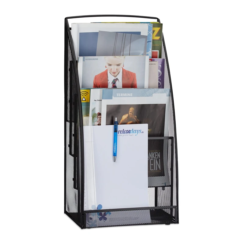Relaxdays Large Metal Magazine Rack, 4 Compartments, Modern Newspaper Stand, Waiting Room, Office, HWD 60x30x22 cm, Black