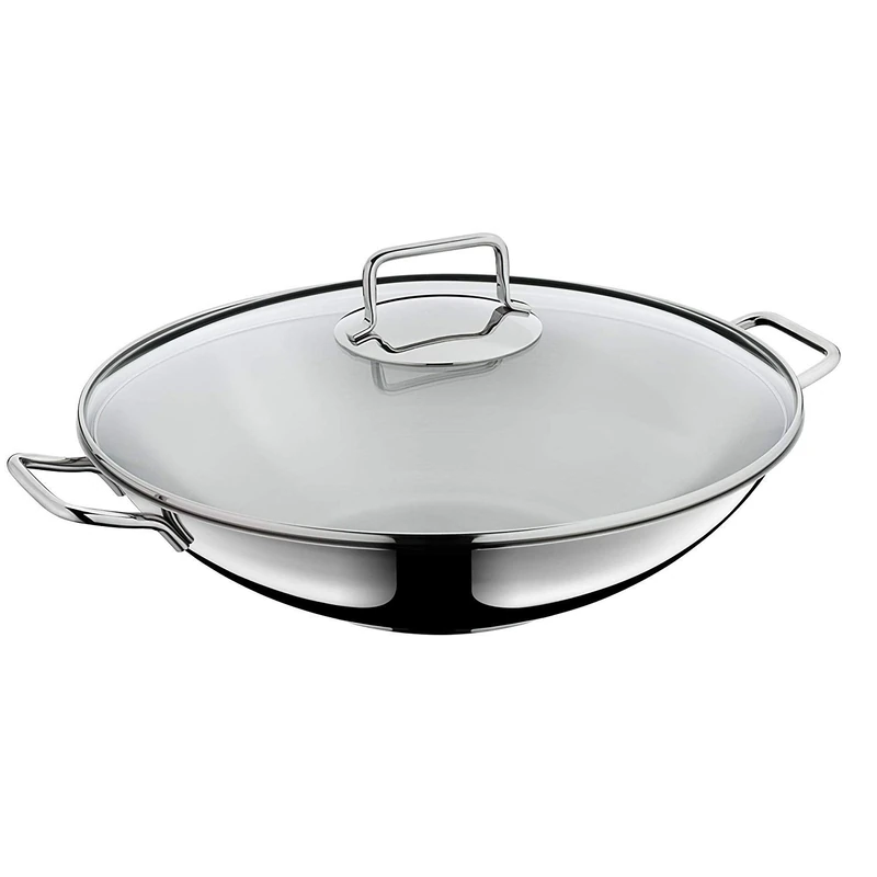 WMF Macao Induction Wok Set, 2 Pieces, Wok Pan 36 cm with Glass Lid, Polished Cromargan Stainless Steel, Uncoated