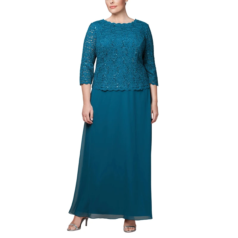 Alex Evenings Women's Plus Size Stretch Lace Bodice Mock One Piece Gown Special Occasion Dress, Peacock, 24