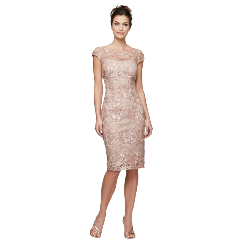 Alex Evenings Women's Short Floral Embroidered Cocktail Sheath Dress, Wedding Guest, Formal Gown (Petite and Regular Sizes) Special Occasion, Rose Gold, 18