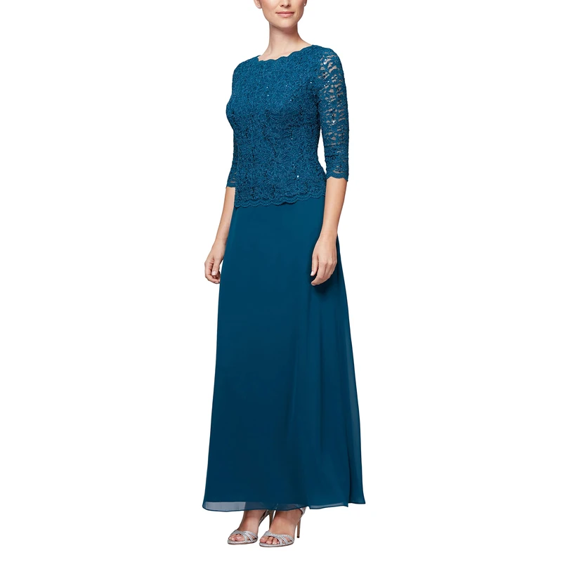 Alex Evenings Women's 3/4 Sleeve Stretch Lace Bodice One Piece Mother of The Bride Dress (Petite and Regular Sizes) Special Occasion, Peacock, 16