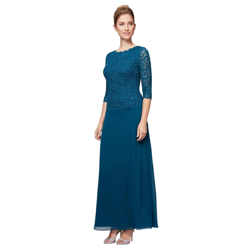 Alex Evenings Women's 3/4 Sleeve Stretch Lace Bodice Mock One Piece Gown, Peacock, 14