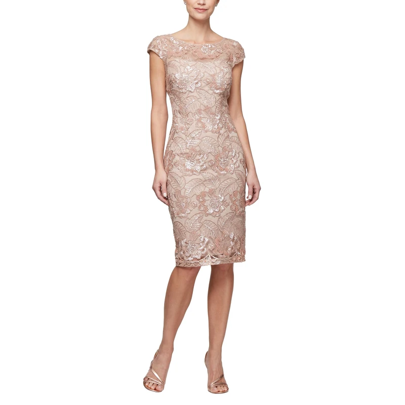 Alex Evenings Women's Short Floral Embroidered Cocktail Sheath Dress, Wedding Guest, Formal Gown (Petite and Regular Sizes) Special Occasion, Rose Gold, 10