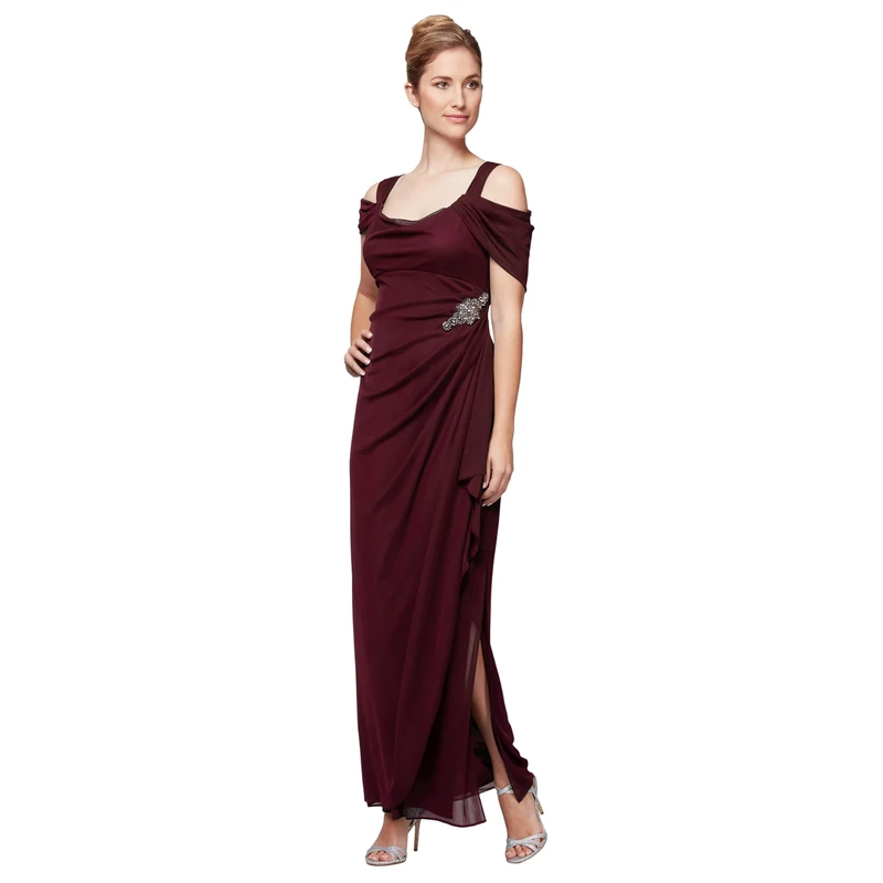 Alex Evenings Women's Long Cold Shoulder Dress, Mother of The Bride, Formal Events (Petite and Regular Sizes) Special Occasion, Beaded Wine, 12