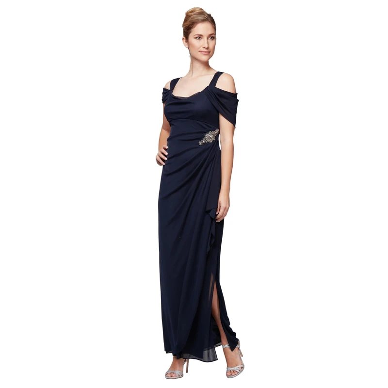 Alex Evenings Women's Long Cold Shoulder Mother of The Bride Dress Detail at Hip, (Petite and Regular Sizes) Special Occasion, Beaded Navy, 20