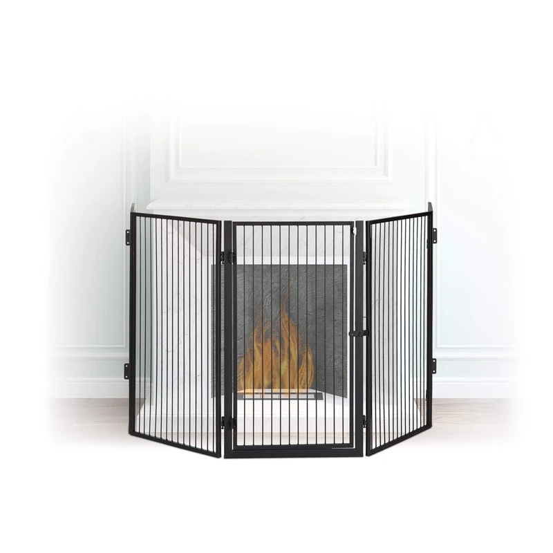 Relaxdays Metal Fireplace Screen, 5-Panel Safety Barrier, Spark Guard for Babies and Pets, Steel, Black