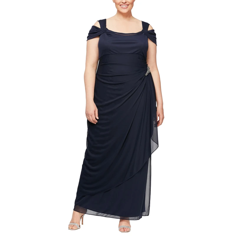 Alex Evenings Women's Long Cold Shoulder Mother of The Bride Dress W/Ruched Skirt, Formal Event, Wedding Guest Gown (Plus Size) Special Occasion, Embellished Navy, 28