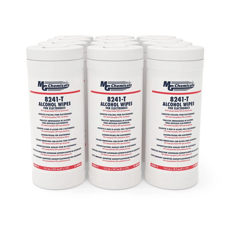 MG Chemicals 8241-T 70/30 IPA Multi-Use, food safe Cleaning, Presaturated Wipes for Surfaces, alcohol wipes (Pack of 12 Tubs)