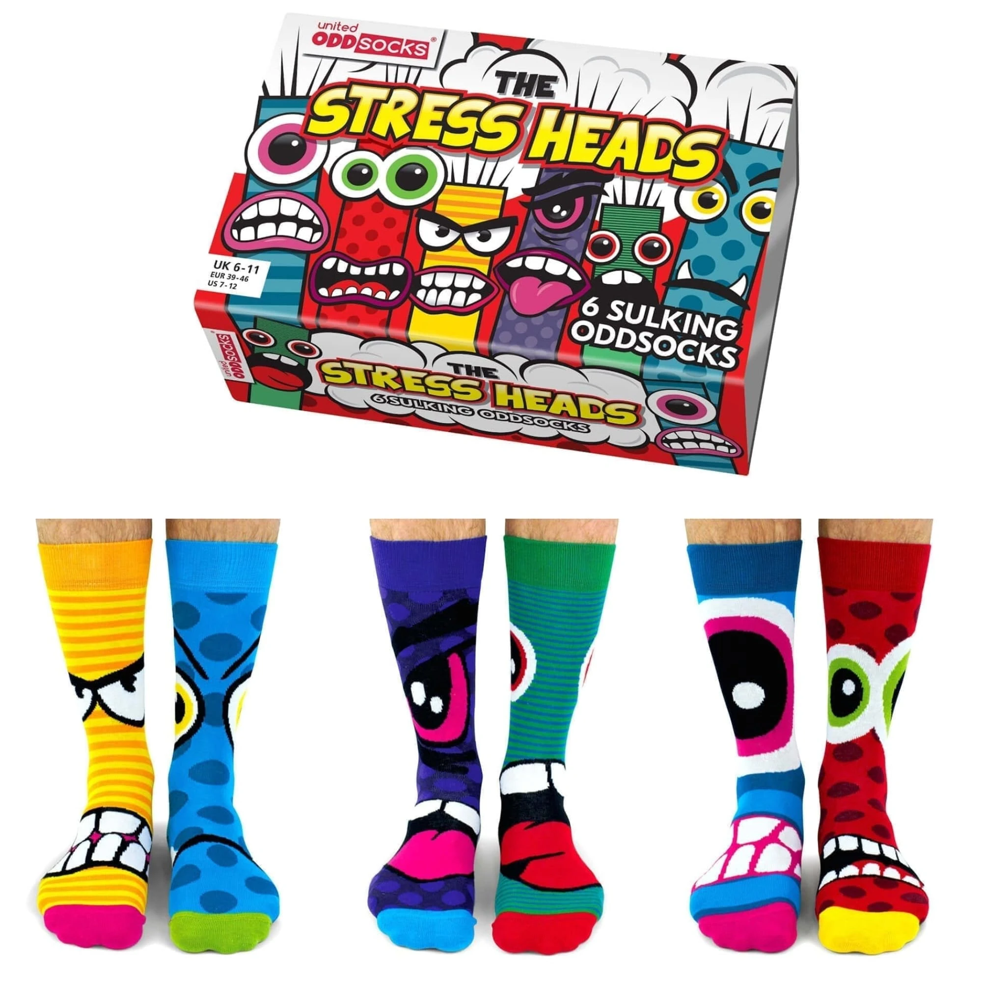United Oddsocks The Stress Heads Gift Box – 6 Sulking Odd Socks for Men – UK 6–11, EUR 39–46, US 7–12 – Funny Monster-Themed Mix & Match Socks – Colourful Gift for Birthdays, Father’s Day & Christmas