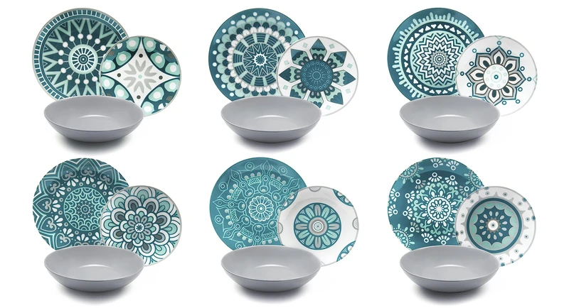 Excelsa Mandala Dinner Set 18 Pieces, Porcelain, Light Blue/Grey