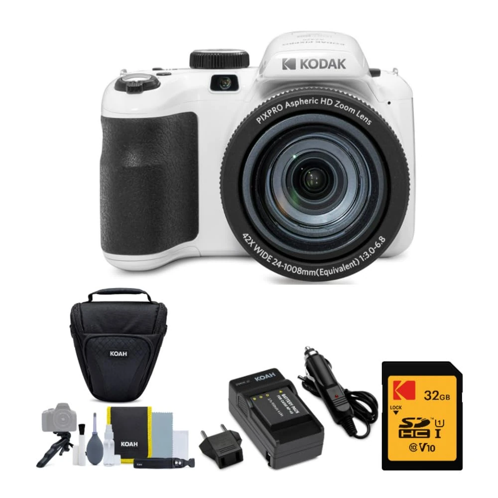 Kodak PIXPRO Astro Zoom AZ425 20MP Digital Camera (White) Bundle with 32GB SD Card, Rechargeable Battery and Charger Kit, Camera Case and Accessory Kit (4 Items)