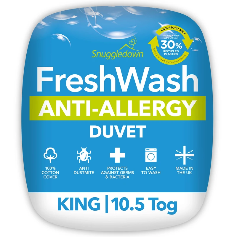 Snuggledown Freshwash Anti Allergy King Size Duvet - 10.5 Tog All Year Round Quilt for Summer & Winter - Anti Bacterial, Soft Cotton Cover, Hypoallergenic, Machine Washable, Size (225cm x 220cm)