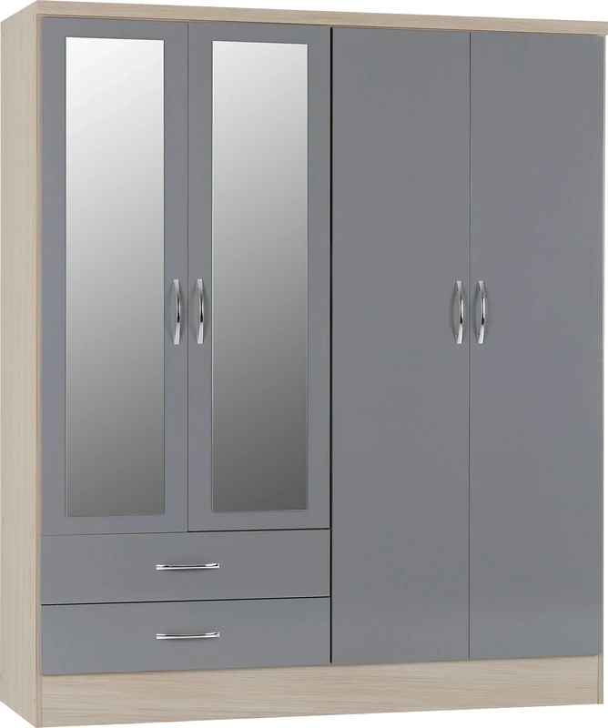 Seconique Nevada 4 Door 2 Drawer Wardrobe in Grey Gloss/Light Oak Effect Veneer, Oak Wood
