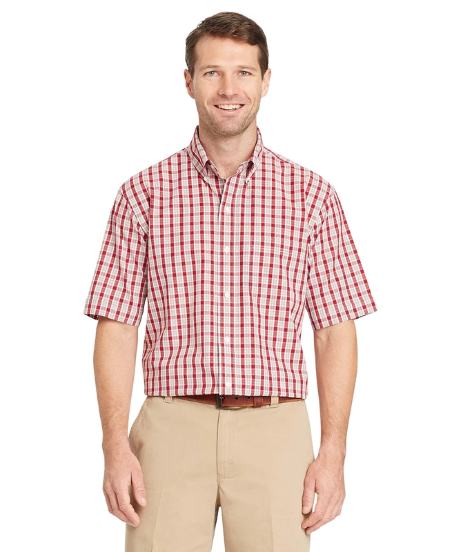 ARROW USA 1851 Men's Hamilton Poplins Short Sleeve Button Down Plaid Shirt, Rhubarb, XL - Image 1