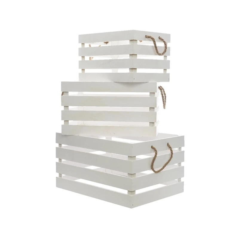 DECORIS 83066 Wooden Box with Rope Handle, Pack of 3, White
