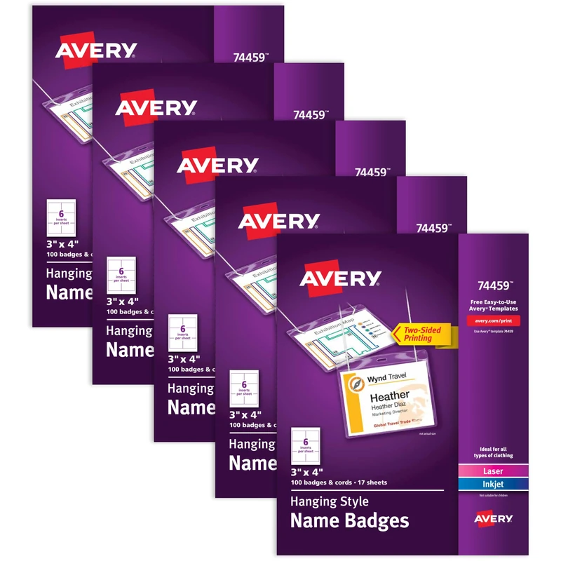 Avery Customizable Name Badges, 3" x 4", Printable Name Tag Inserts, 100 Per Box, 5 Packs, 500 Name Tag Holders with Cords Total (74459)