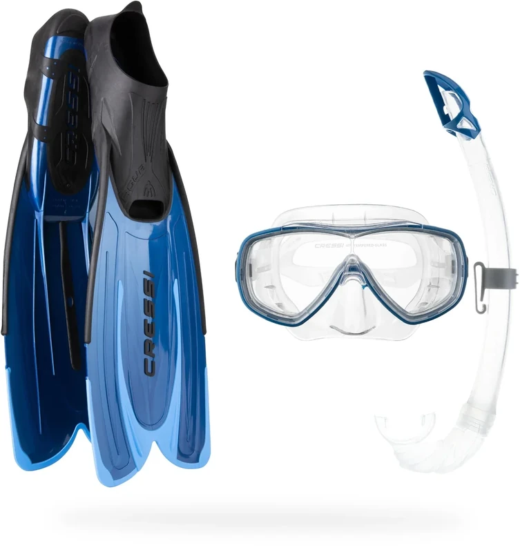 CRESSI Adult Snorkeling Set with Agua Fins, Onda Mask, Mexico Snorkel and Mesh Bag – Anti-Fog Dive Mask, Short Fins, Complete Sea Kit