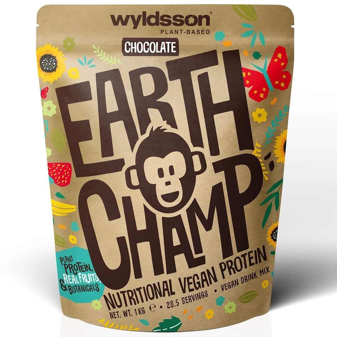 Vegan Protein Powder (1kg) - 28 Servings - EarthChamp by Wyldsson - Plant Based Chocolate Protein Powder Shake, Dairy Free, Gluten Free, Lactose Free Protien Shake (Choc)