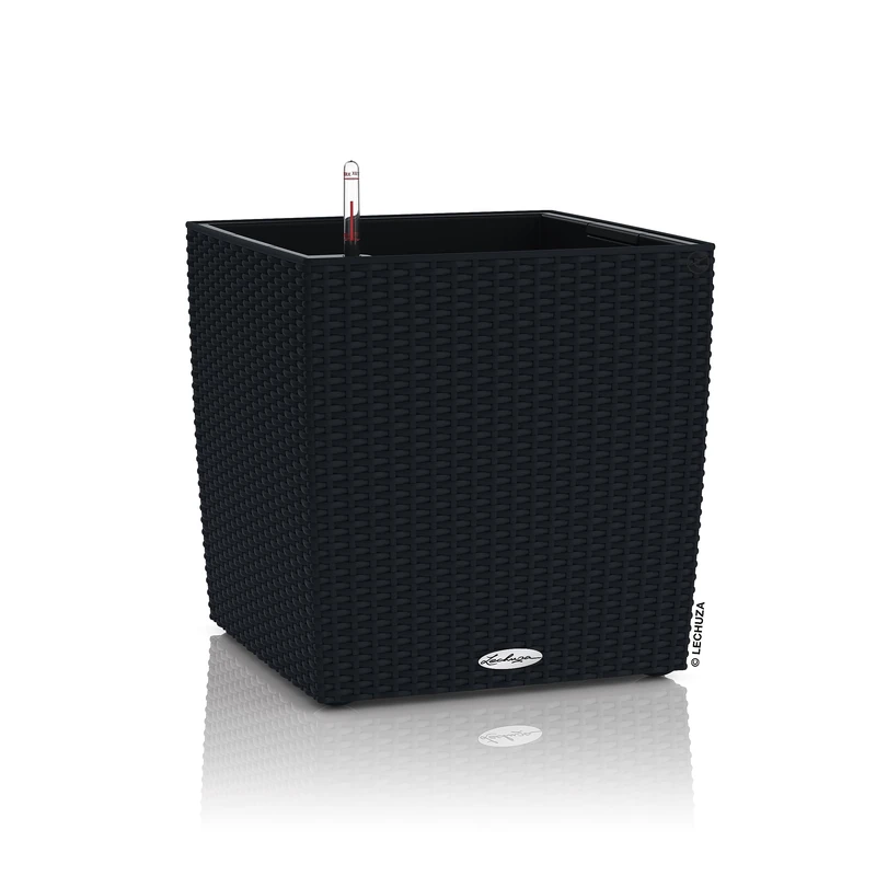 Lechuza CUBE Cottage 40 Self Watering Planter Rattan Look Plastic Indoor and Outdoor Plant Pot with Drainage Hole H40 L40 W40 cm Graphite Black
