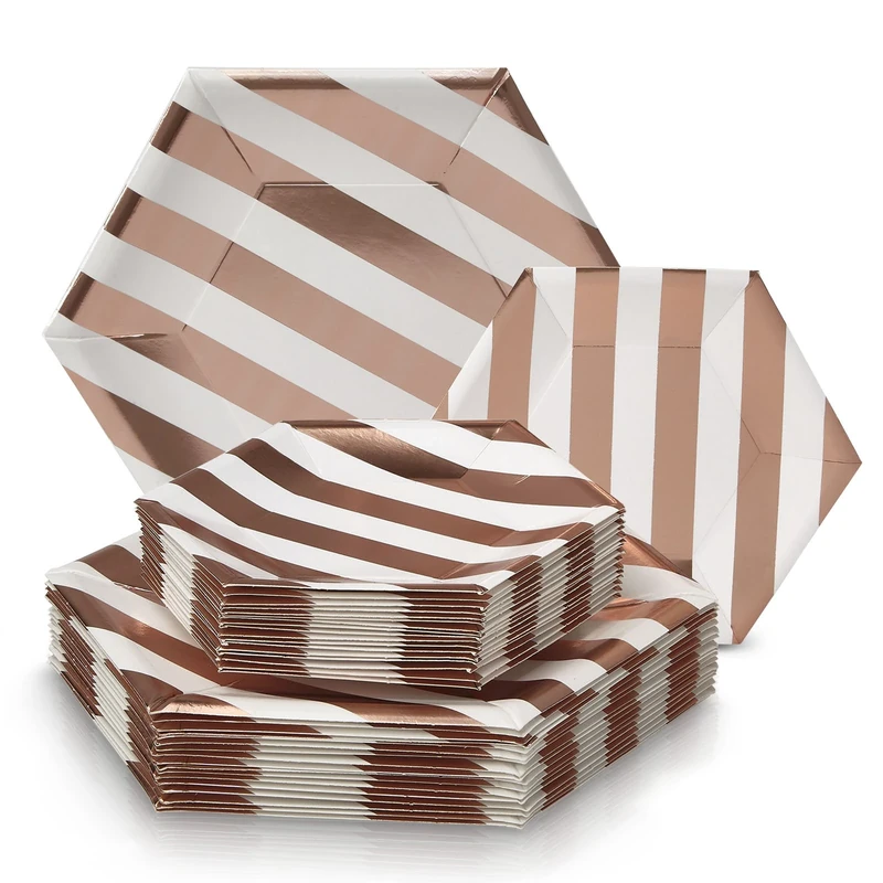 PARTY DISPOSABLE 432 PC DINNERWARE SET | 216 Dinner Plates | 216 Side Plates | Heavyweight Paper Plates | Hexagon Design | for Upscale Wedding and Dining (Stripe Collection – White/Rose)