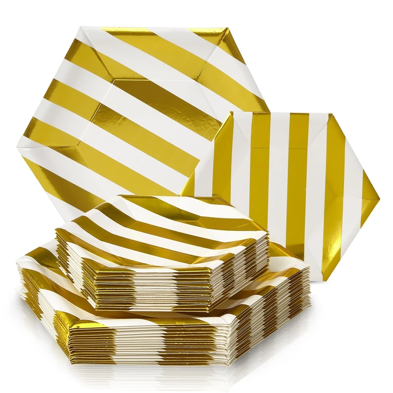 PARTY DISPOSABLE 432 PC DINNERWARE SET | 216 Dinner Plates | 216 Side Plates | Heavy Duty Disposable Paper Plates | Hexagon Design | for Upscale Wedding and Dining (Stripe Collection – White/Gold)