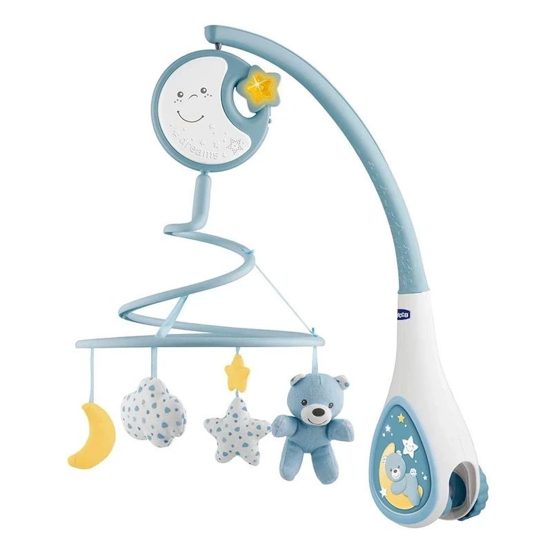 chicco Next2Dreams Baby Mobile with Music Box for Cot and Bed - 3 in 1 Baby Mobile Compatible with Next2Me Cot, with Sound Effects, Soft Night Light Projector and Classical Music - 0+ Months, Blue,00007627200000