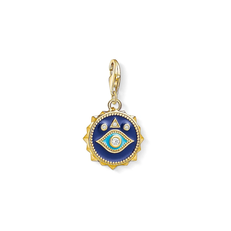 Thomas Sabo Charm pendant blue nazar eye 925 Sterling Silver; 18k Yellow Gold Plating, Dark-blue, Turquoise Enamelled