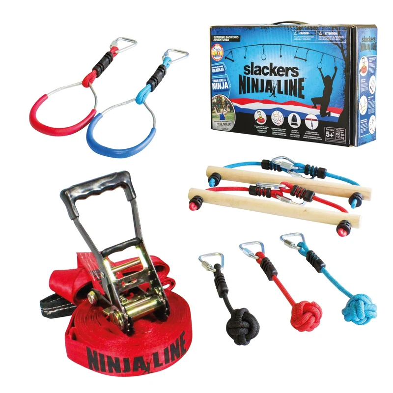 Slackers USA Ninja Line Starter Set, Excellent Complete Set of 11 Pieces, Usable as Slackline, Course of 11 meters, 7 Obstacles, Train as a Ninja, 980020 - Image 1