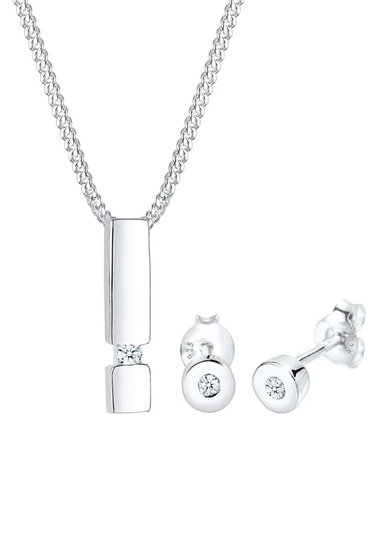 Elli DIAMONDS Jewellery Set Women Earstuds Geo Pendant Solitaire with Diamond (0.09 ct.) in 925 Sterling Silver