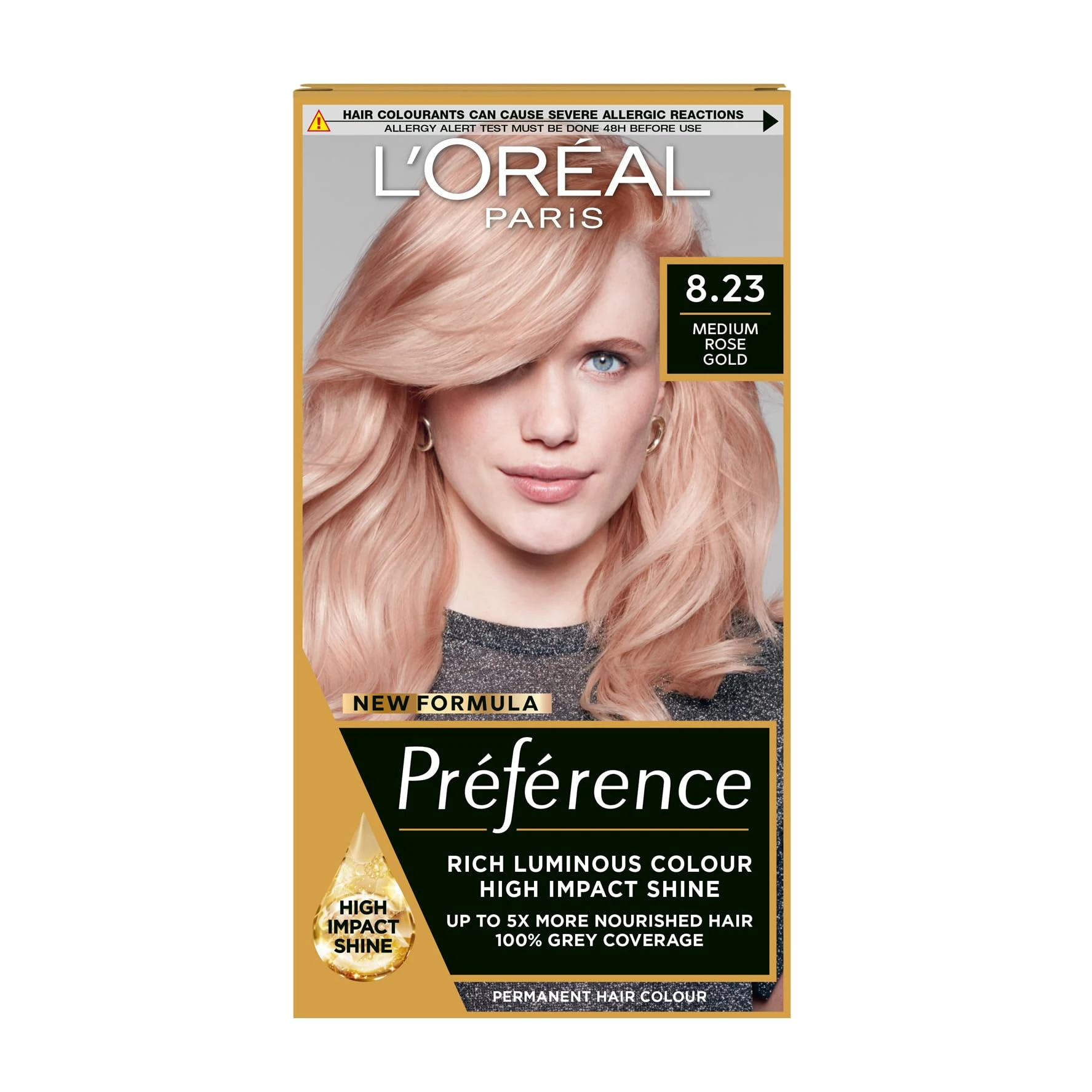 Preference 8.23 Medium Rose Gold: Long-lasting, luminous permanent hair colour. Attain radiant, salon-inspired results with this elegant medium rose gold, for luminous, trendy colour.