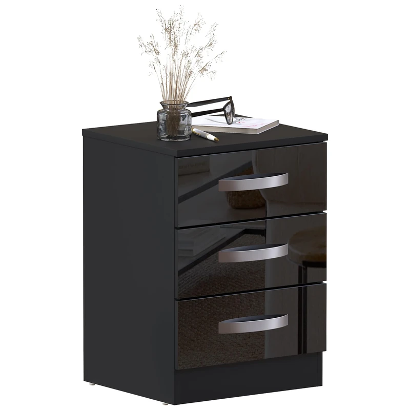 Vida Designs High Gloss Chest Of Drawers Black, 3 Drawer With Metal Handles and Runners, Unique Anti-Bowing Drawer Support, Bedroom Furniture