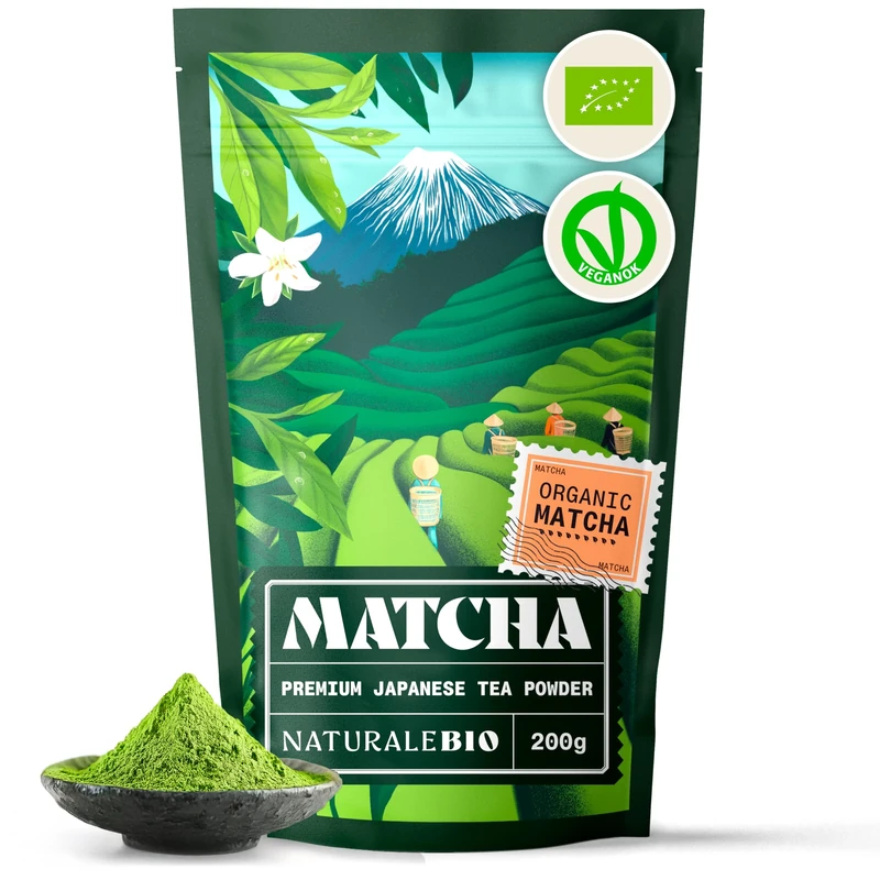 NaturaleBio Japanese Organic Matcha Green Tea Powder - Premium Grade - 200g. Tea Produced in Japan, Uji, Kyoto. Use for Drinking, Smoothie Making and with Milk. Vegan & Vegetarian Friendly