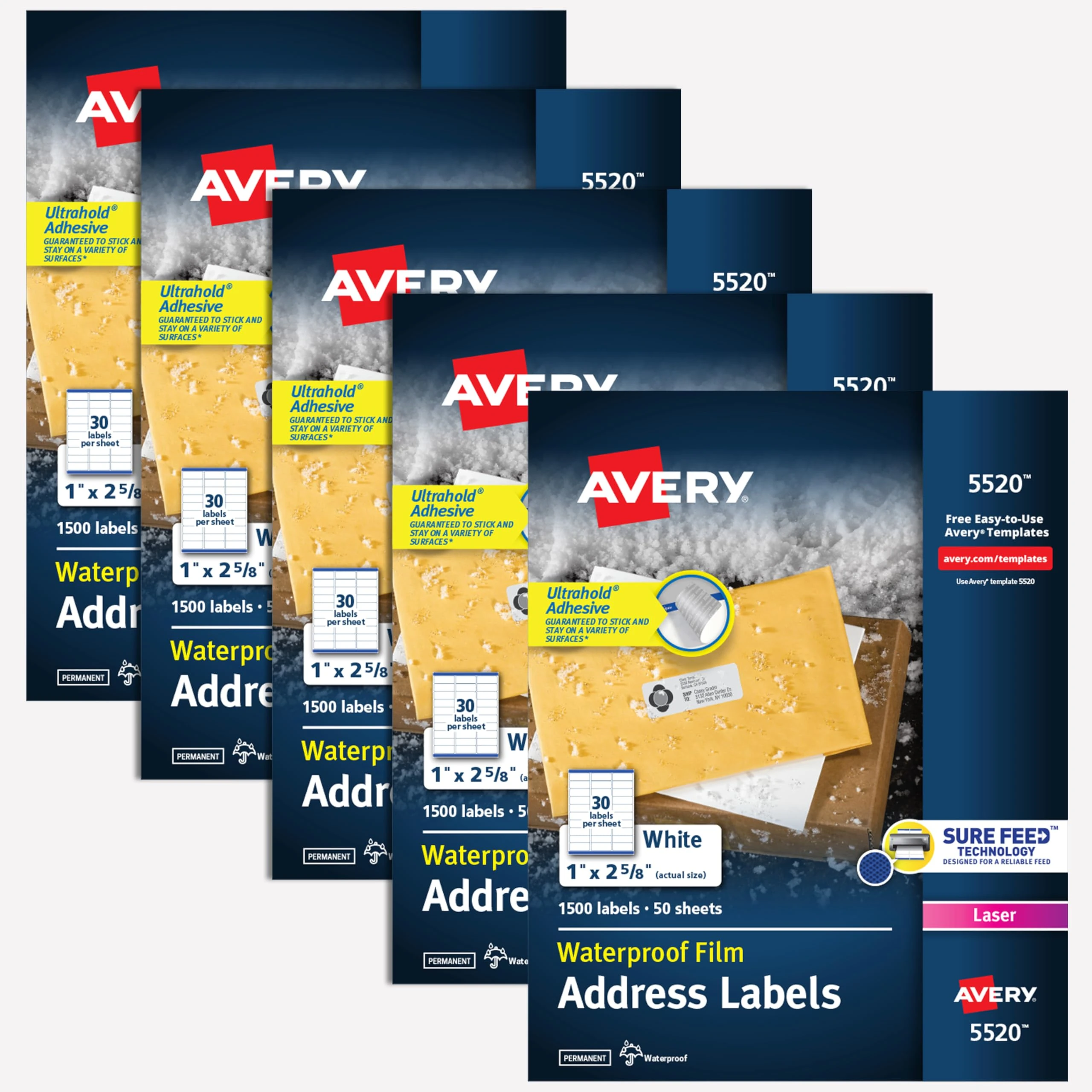 Avery Waterproof Sticker Labels for Printer - 1"x2-5/8" Mailing Labels, Ultrahold Permanent Adhesive, Laser Printers, 7,500 Printable Avery Address Label Sheets (5520)