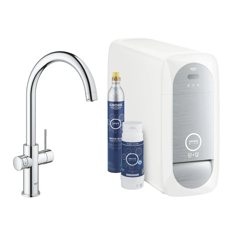 GROHE Blue Home Duo Starter Kit - Kitchen Mixer Tap for Filtered, Chilled and Sparkling Water (Includes Cooler Unit, Filter and Co2 Carbonization Bottle) High Swivel C-Spout, Chrome 31455001