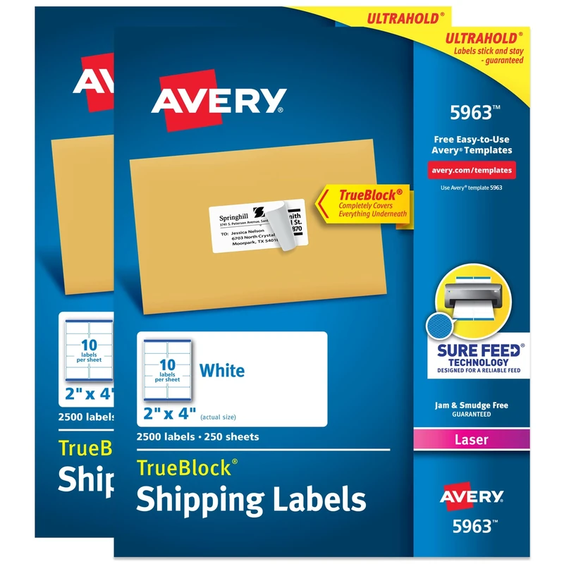 Avery Shipping Labels, TrueBlock Technology, Permanent Adhesive, 2" x 4", Box of 2,500, Case Pack of 2 (5963)