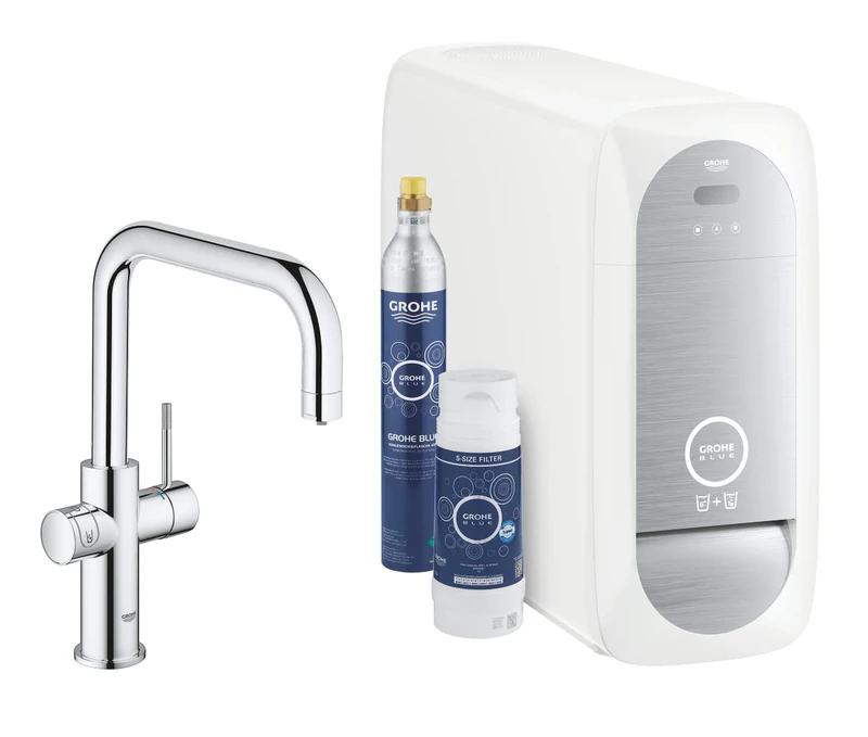 GROHE Blue Home Duo Starter Kit - Kitchen Mixer Tap for Filtered, Chilled and Sparkling Water (Includes Cooler Unit, Filter and Co2 Carbonization Bottle) High Swivel U-Spout, Chrome 31456001