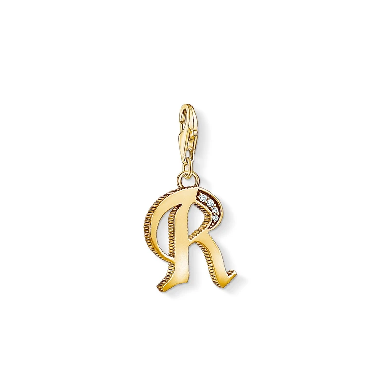 Thomas Sabo Women Charm Pendant Letter A-Z Charm Club 18k Yellow Gold Plating 925 Sterling Silver, Letter R