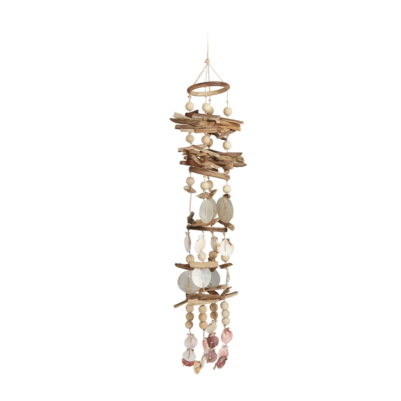 Relaxdays Seashell Wind Chimes, Driftwood, Maritime Beach Garland, Garden Decoration, Capiz Mobile, 107 cm, Natural
