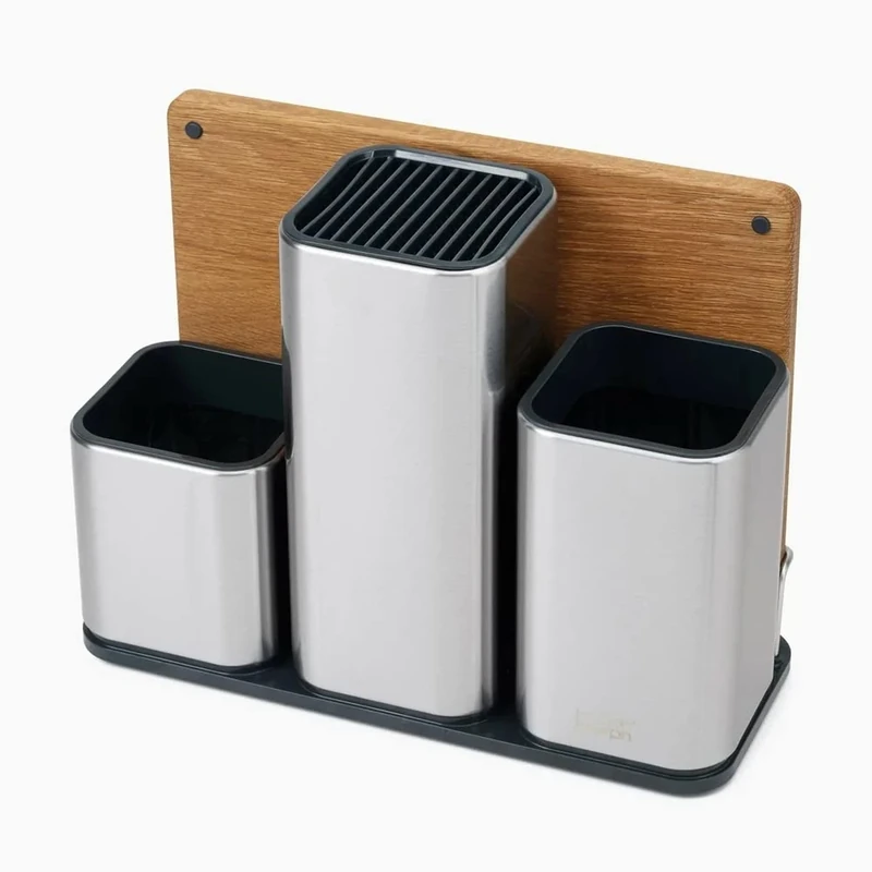 Joseph Joseph Counterstore - Utensil & Knives Storage Pot and wooden Chopping Board Set, Worktop organiser – Stainless Steel, 8