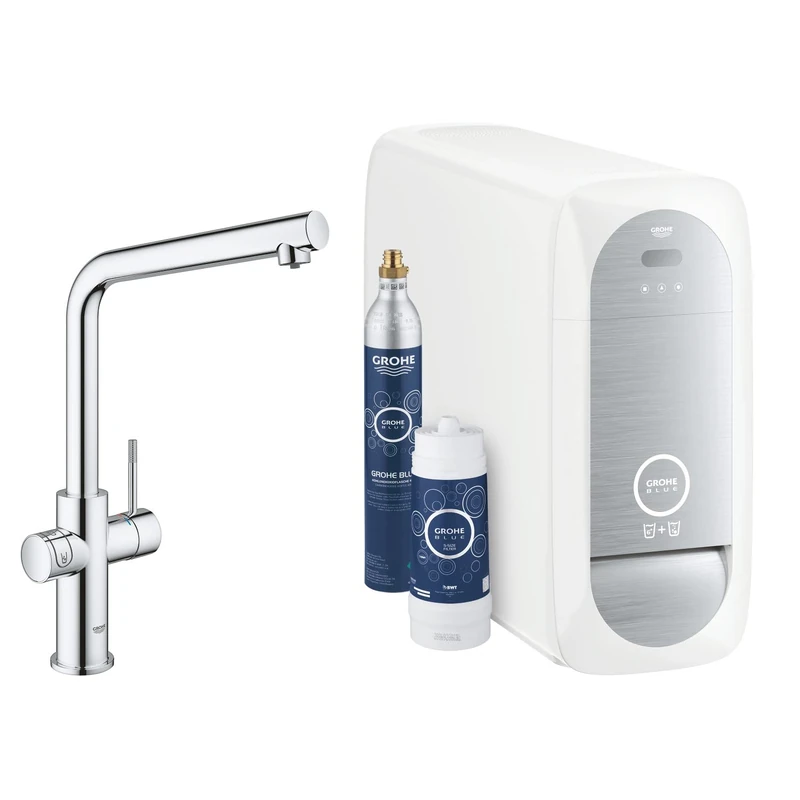 GROHE Blue Home Duo Starter Kit - Kitchen Mixer Tap for Filtered, Chilled and Sparkling Water (Includes Cooler Unit, Filter and Co2 Carbonization Bottle) High Swivel L-Spout, Chrome 31454001