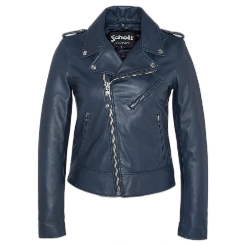 Schott NYC Women's Lcw1601d Leather Jacket, Bleu (Navy), M UK
